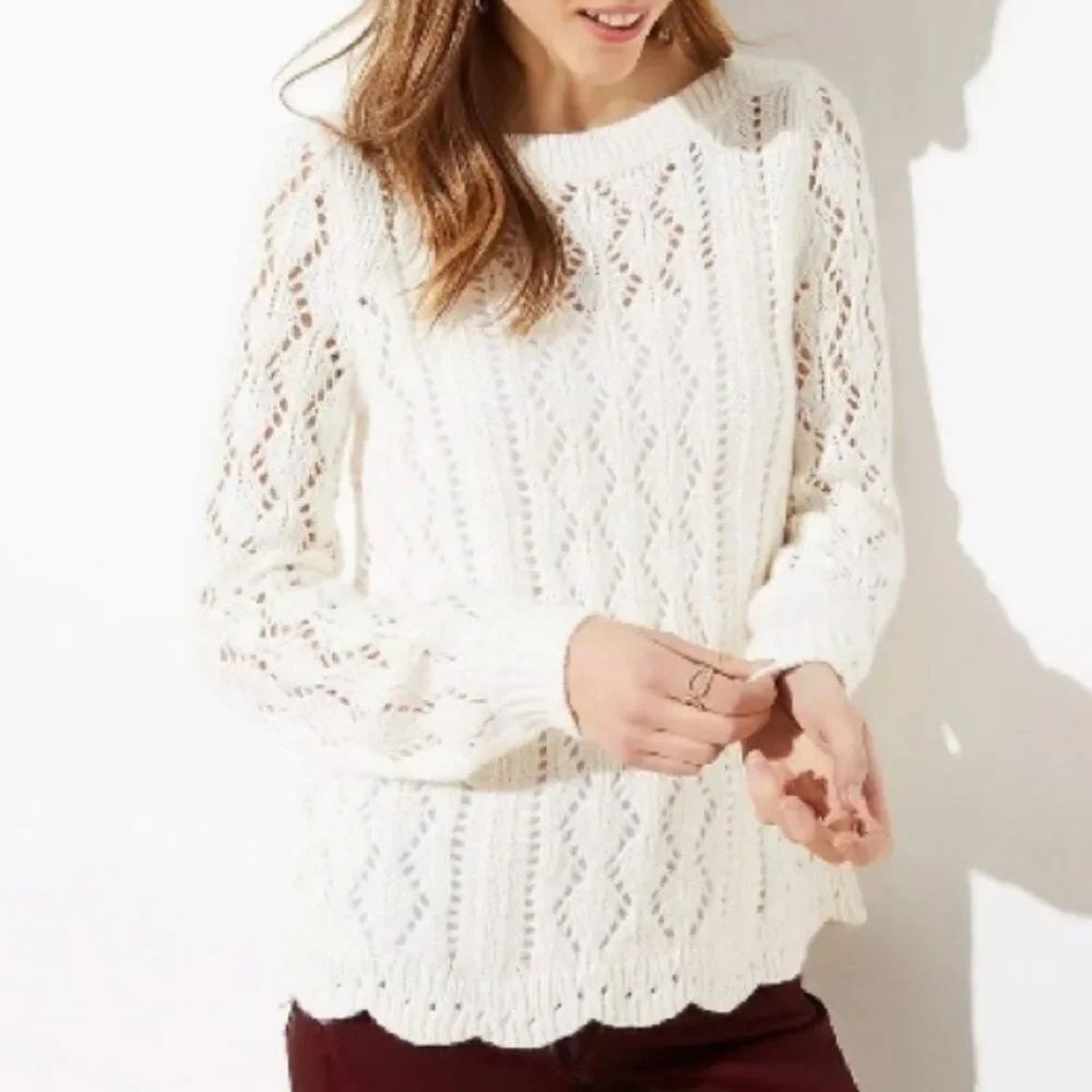 LOFT Scalloped Pointelle Sweater Size XL Cream Ivory Open Knit NEW Gift Holiday